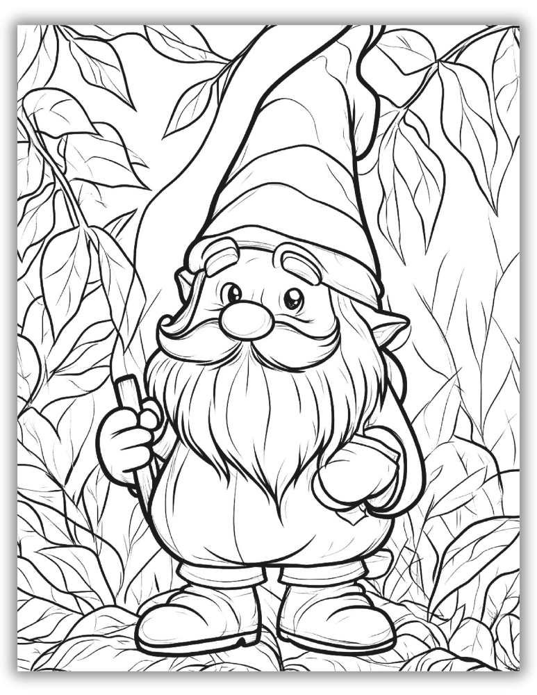 Cute gnome coloring page with leaves scattered all around