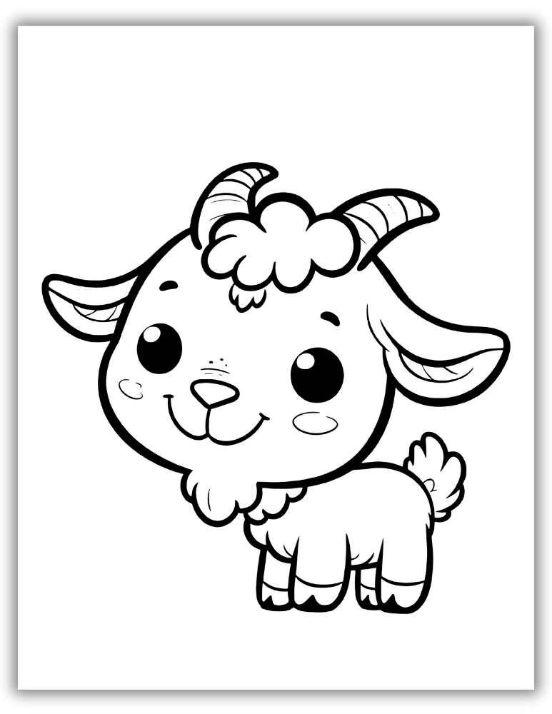 Cute cartoon goat coloring page with big eyes and a playful pose