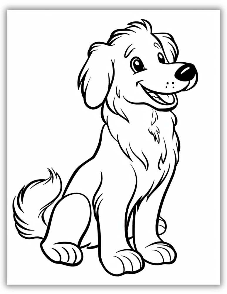 Playful Golden Retriever coloring page with wagging tail and joyful expression
