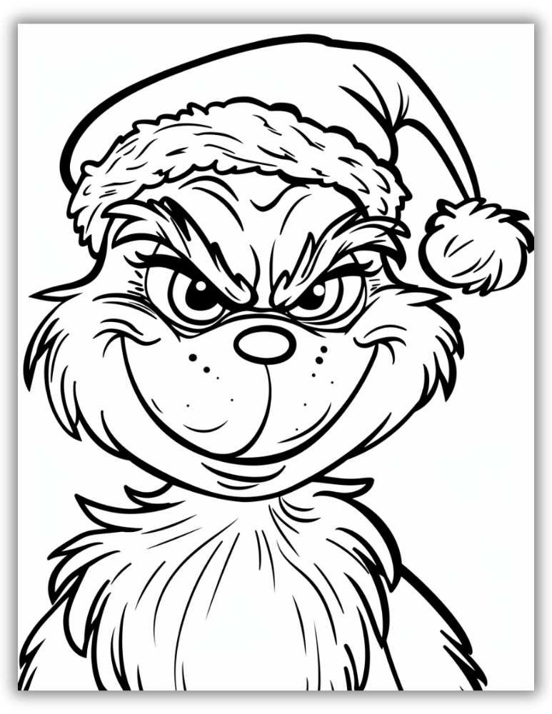 The Mischievous Grinch coloring page with sneaky expression and crooked smile