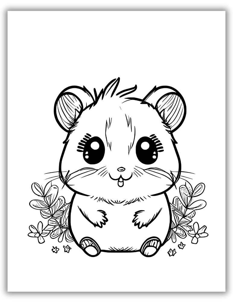 Floral hamster coloring page with intricate flower patterns surrounding the pet