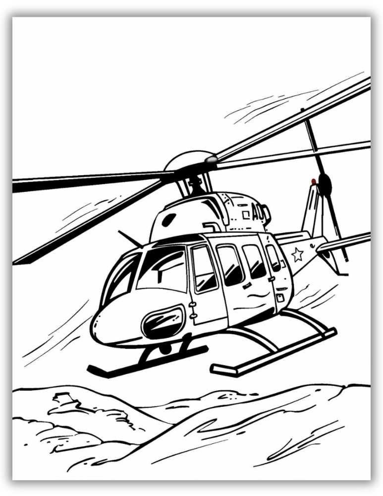 Helicopter flying over mountain landscape coloring page