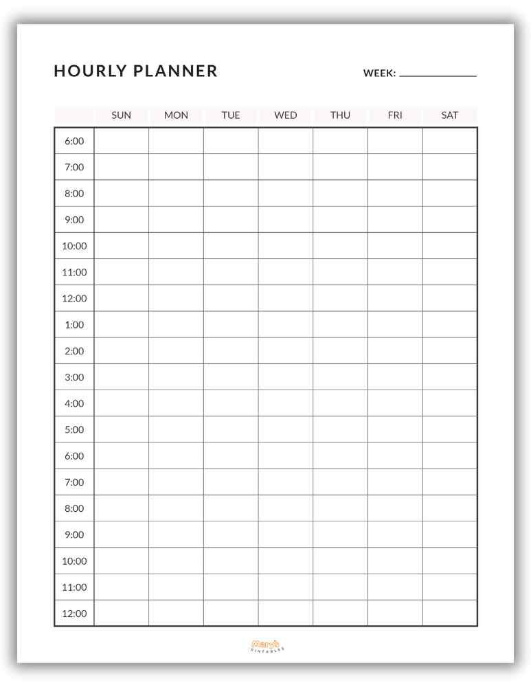 Minimalist printable hourly planner