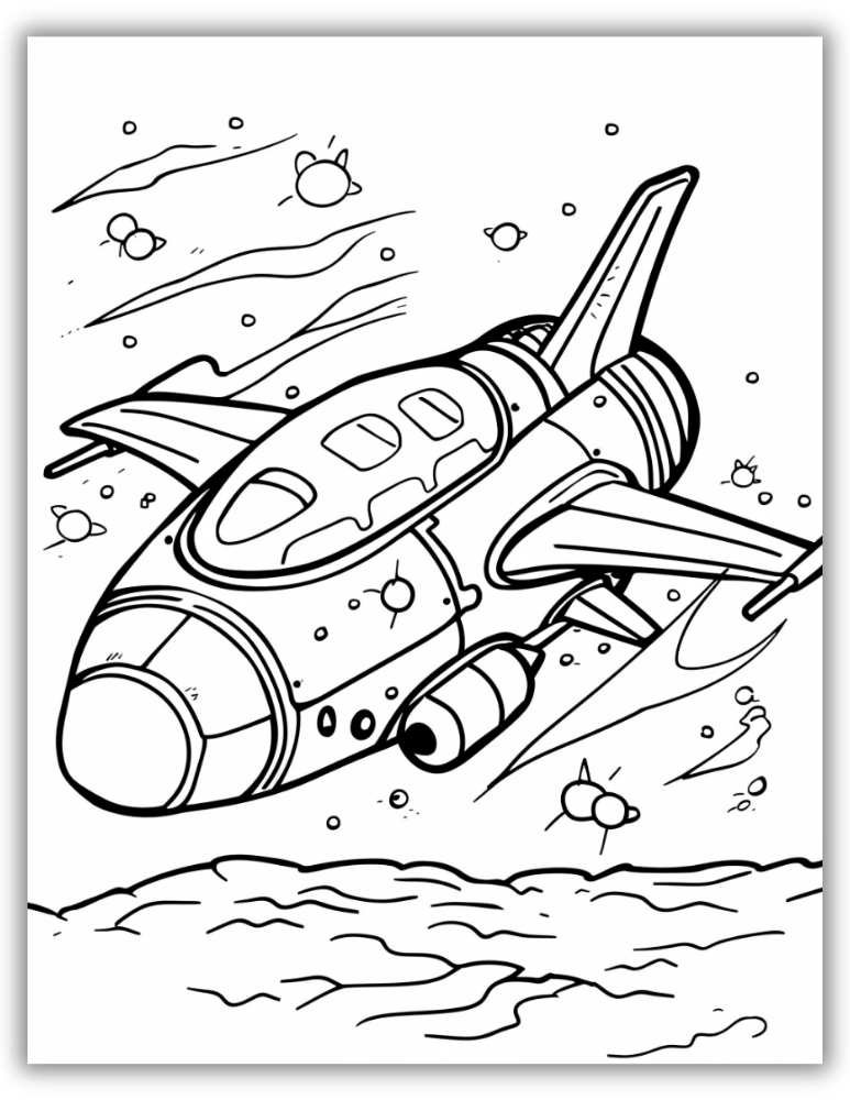 A futuristic jet flying through space, surrounded by stars and distant planets.