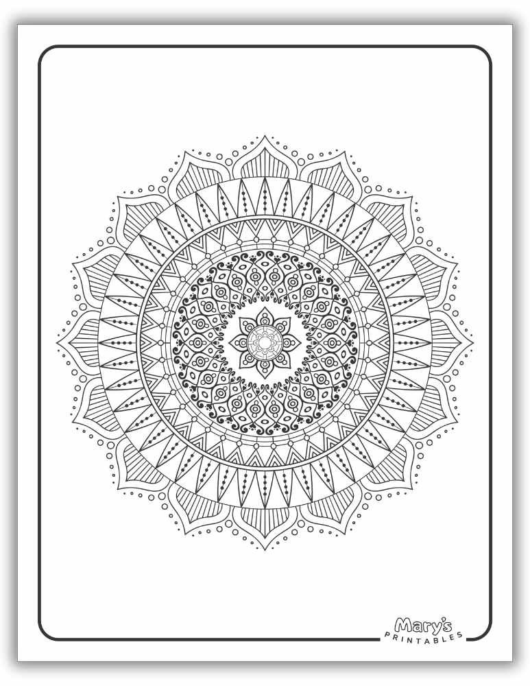 Sharp-edged geometric printable mandala coloring page with precise symmetrical designs.