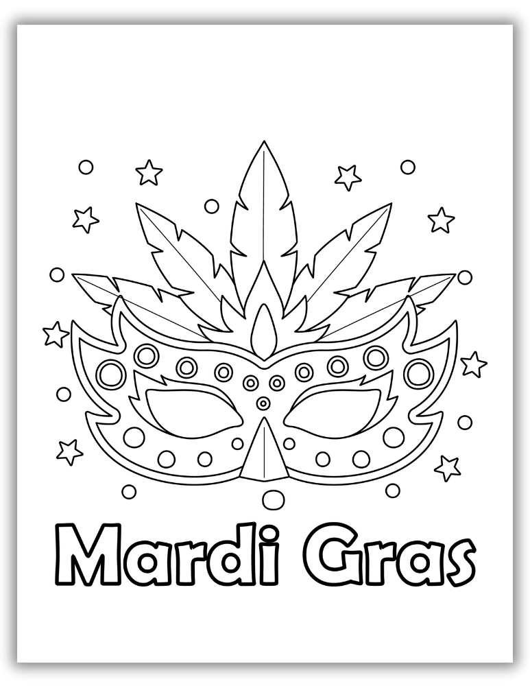 Mardi Gras coloring page with festive “Mardi Gras” text, stars, beads, and fun decorations