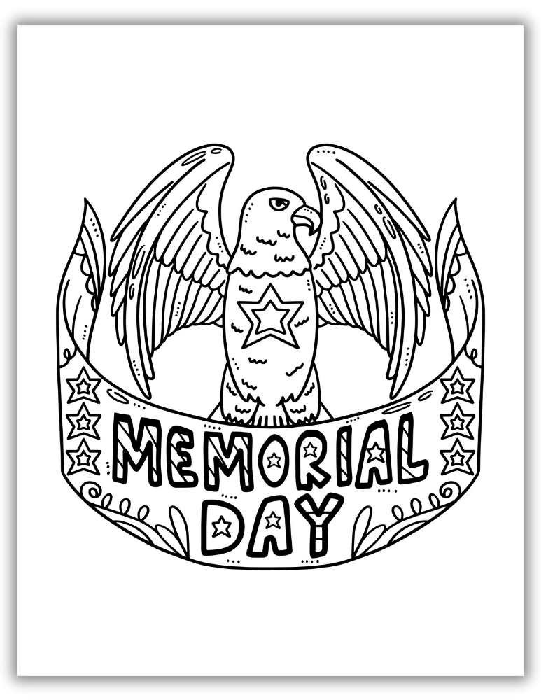 Majestic eagle with stars and stripes in a detailed Memorial Day design – free printable PDF coloring page to honor American heroes.
