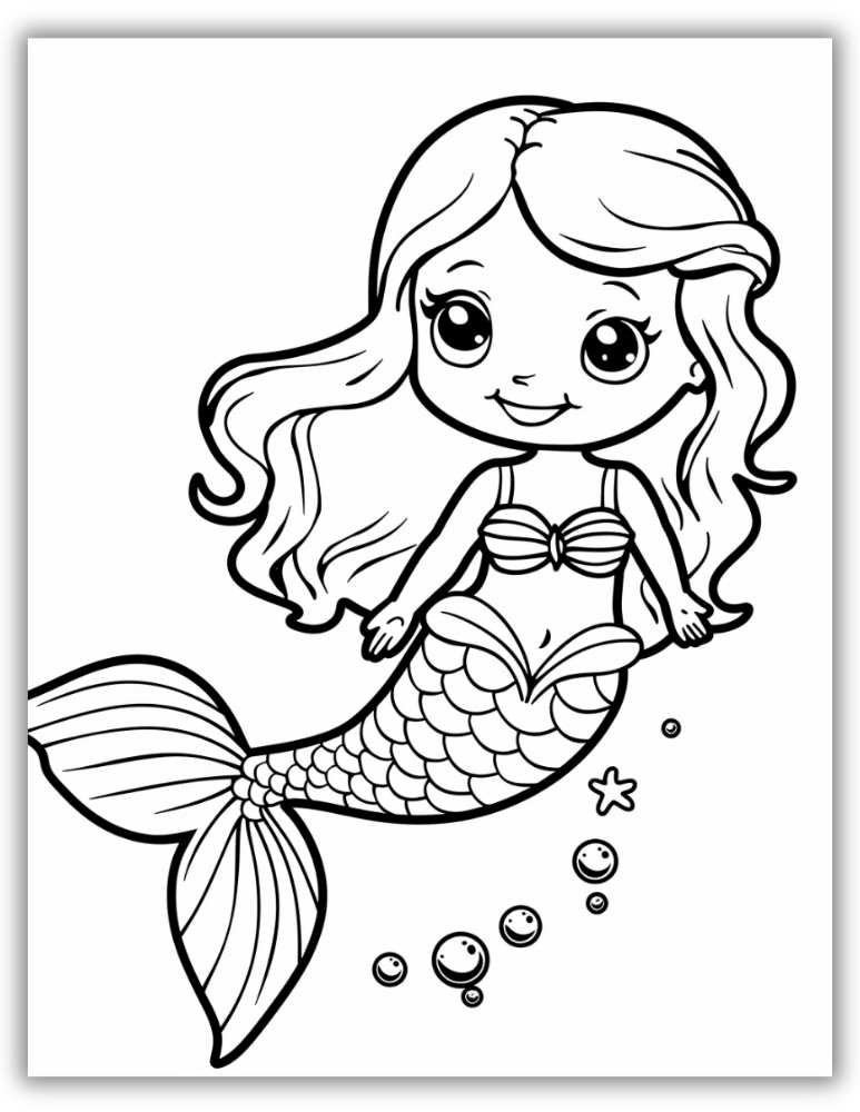 Cute mermaid surrounded by bubbles and a starfish – free printable PDF coloring page for kids who love fun and simple ocean scenes.