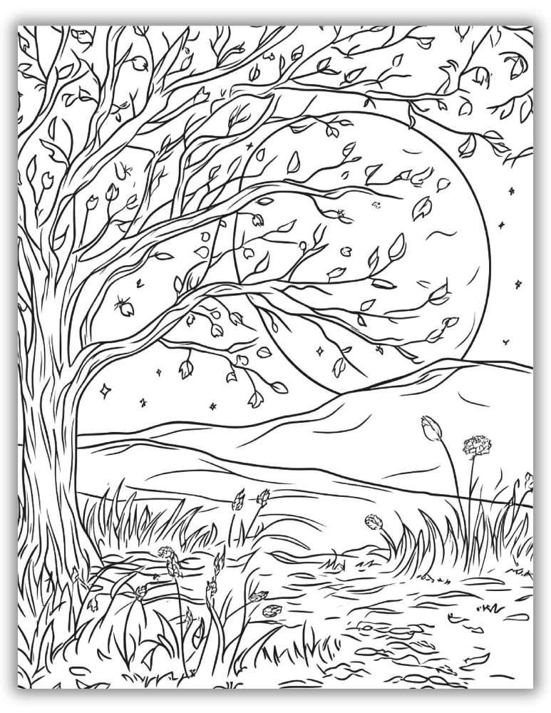 Serene nighttime landscape with moonlit tree and rippling water – detailed free printable PDF coloring page for adults and older kids.