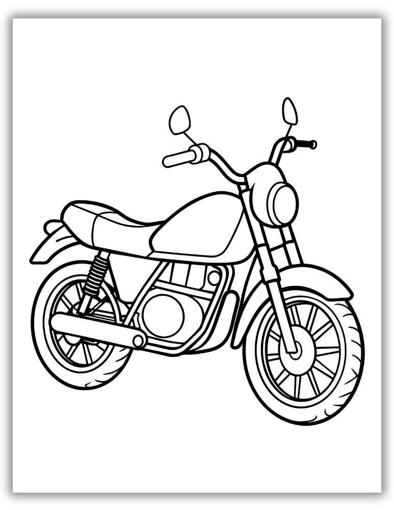 Retro-style vintage motorcycle with curved frame and classic features – free printable PDF coloring page for a nostalgic, creative activity.