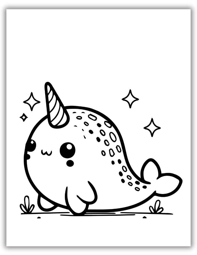 Cute kawaii-style narwhal with sparkles, chubby cheeks, and a happy smile &ndash; free printable PDF coloring page for toddlers and young kids.