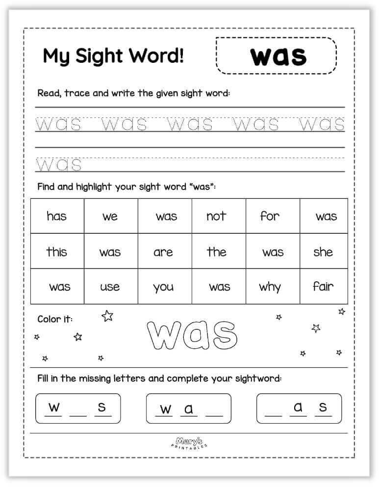 printable sight words - was