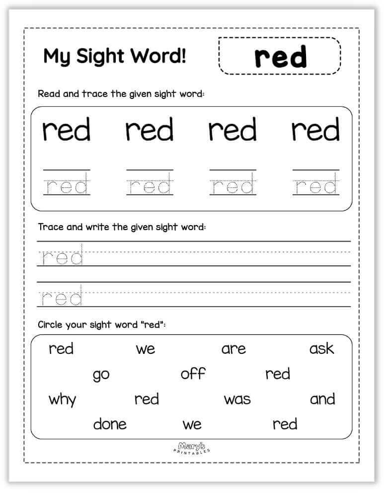 printable sight words - red