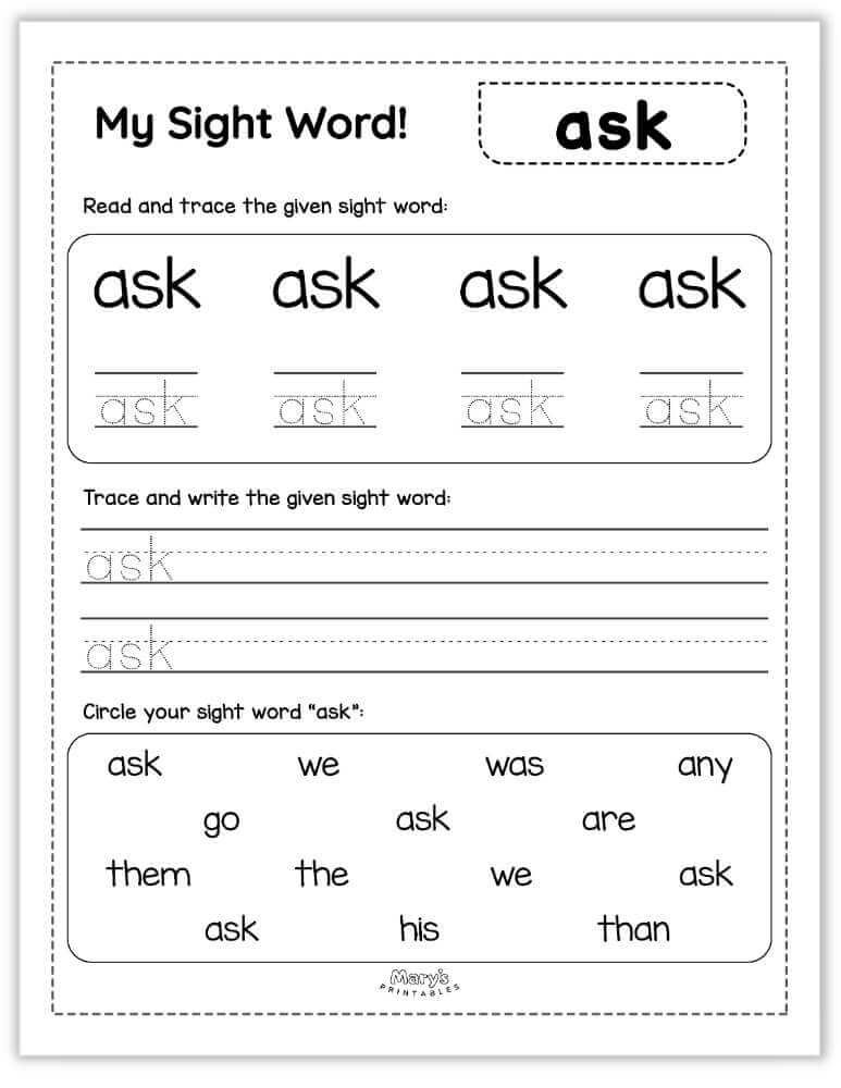 printable sight words - ask
