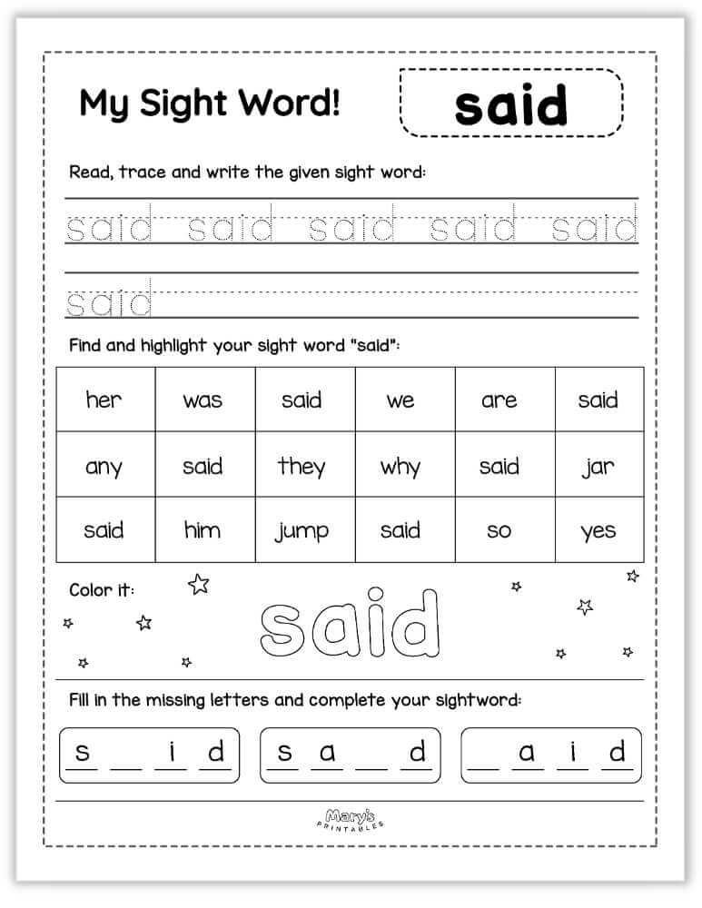 printable sight words - said