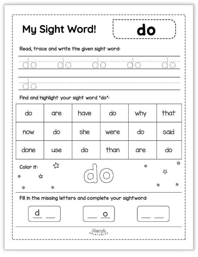 Printable Sight Words Free Kindergarten Sight Word Worksheets
