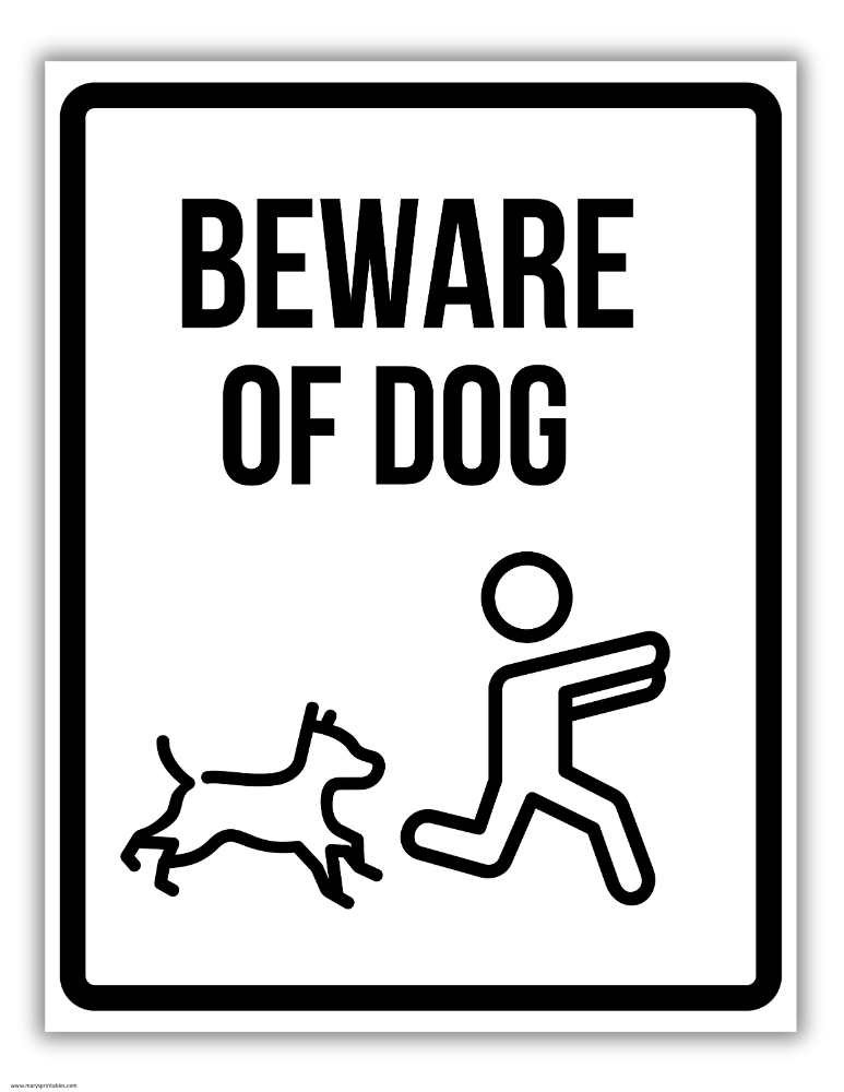 Black and White Funny Beware Of Dog Sign With Cartoon Dog