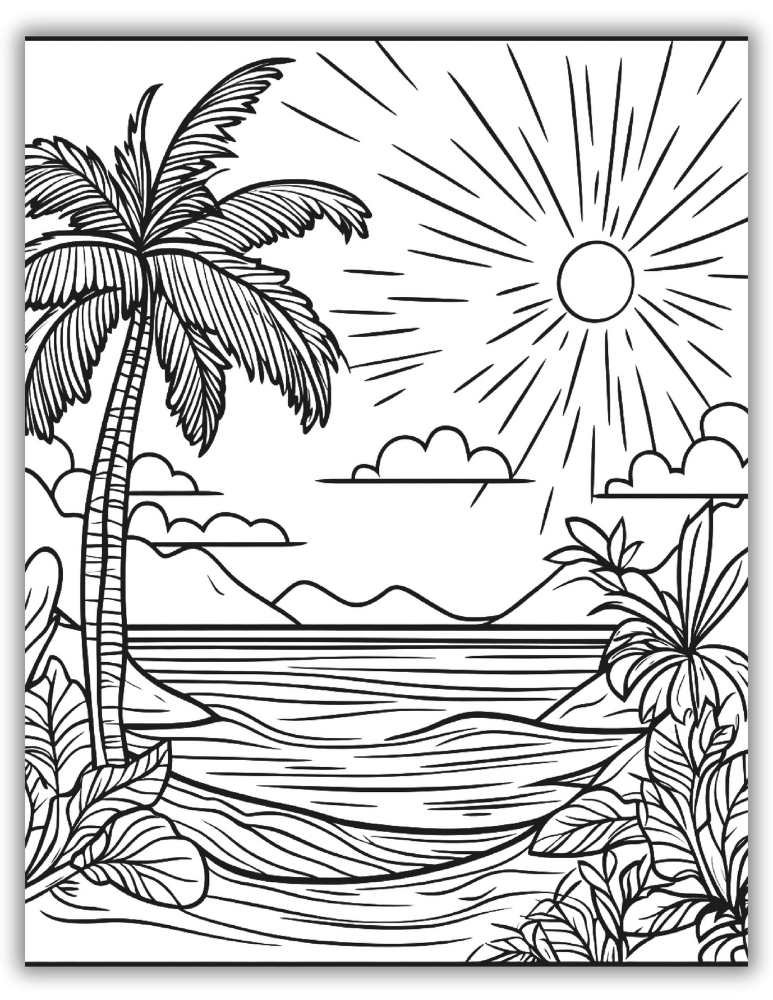 Tropical island beach coloring pages with palm trees and ocean sunsets.