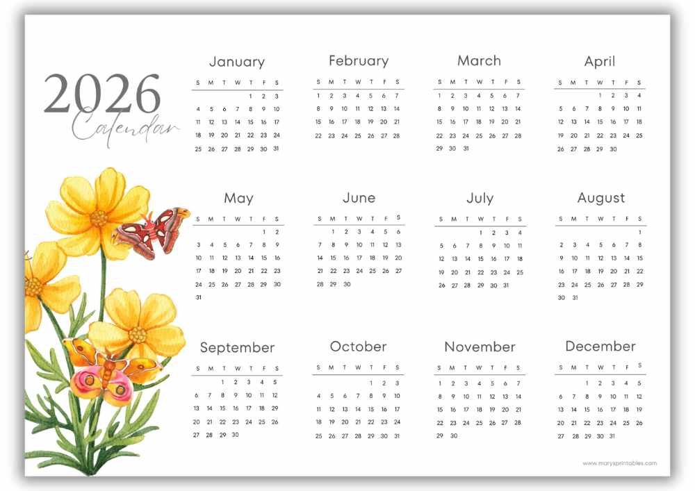 2026 landscape yearly calendar with yellow watercolor floral accents and no holidays.