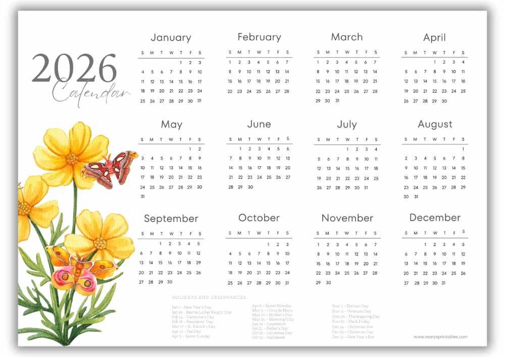 2026 landscape yearly calendar with yellow watercolor floral accents and U.S. holidays.