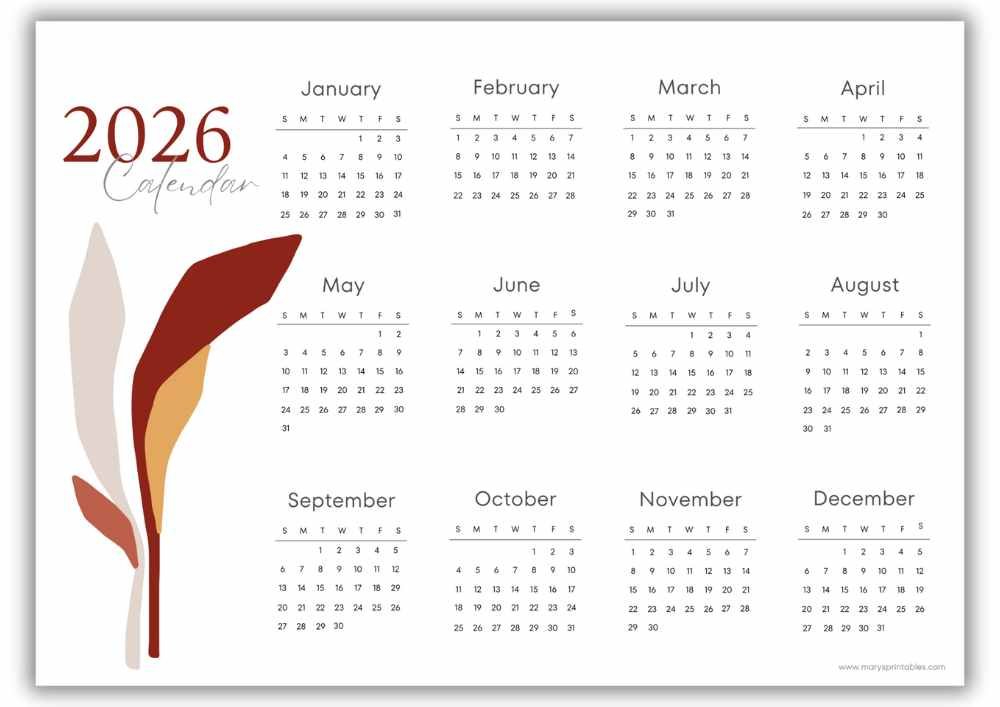 2026 landscape calendar with abstract red and beige leaf shapes and no holidays.