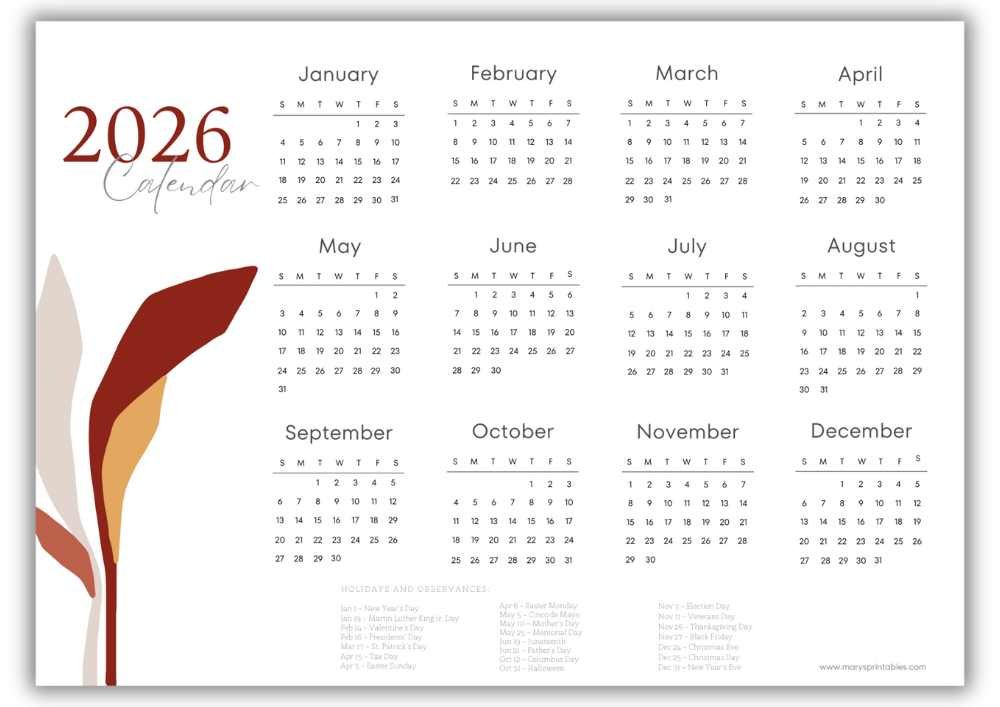 2026 landscape calendar with abstract red and beige leaf shapes and U.S. holidays.