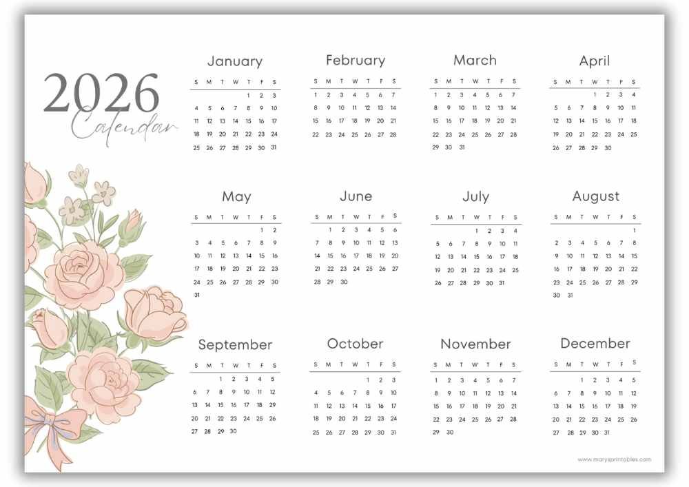 2026 pastel rose floral landscape yearly calendar with no holidays.