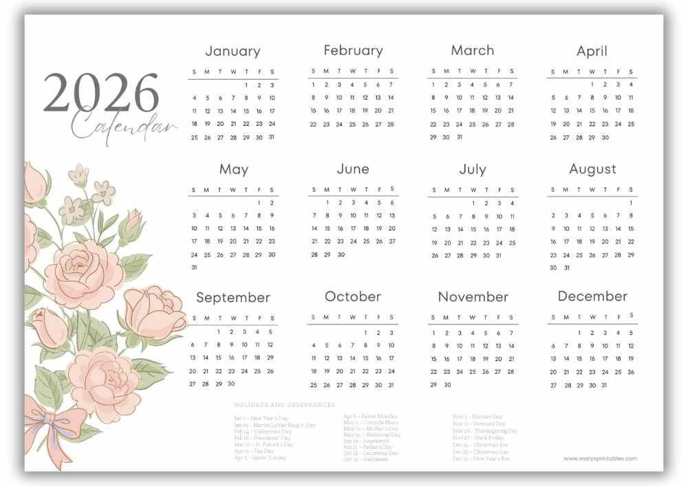 2026 pastel rose floral landscape yearly calendar with U.S. holidays.
