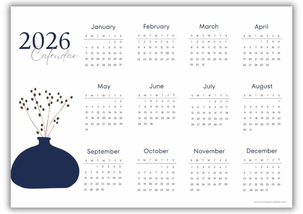 2026 navy vase botanical landscape calendar with no holidays.