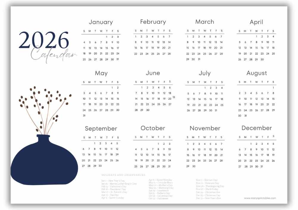 2026 navy vase botanical landscape calendar with U.S. holidays.