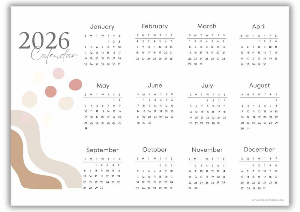 2026 landscape yearly calendar with soft neutral abstract shapes and no holidays.