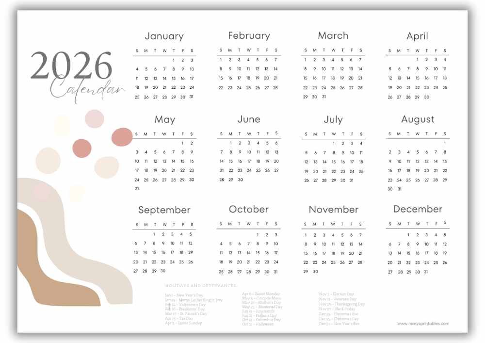 2026 landscape yearly calendar with soft neutral abstract shapes and U.S. holidays.