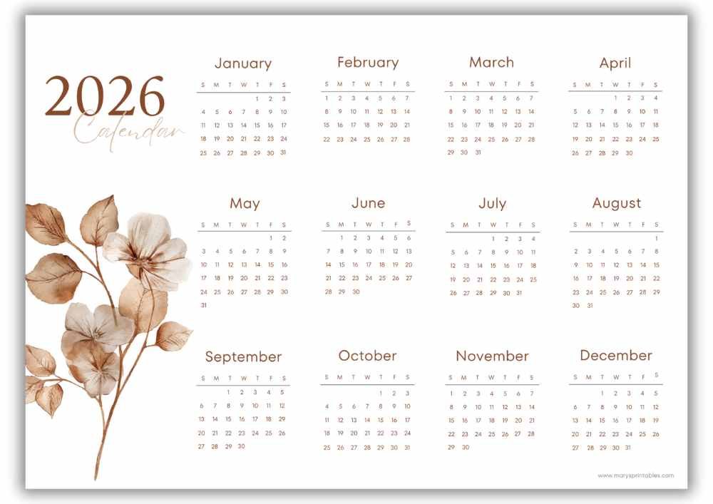 2026 landscape yearly calendar with neutral brown watercolor flowers and no holidays.