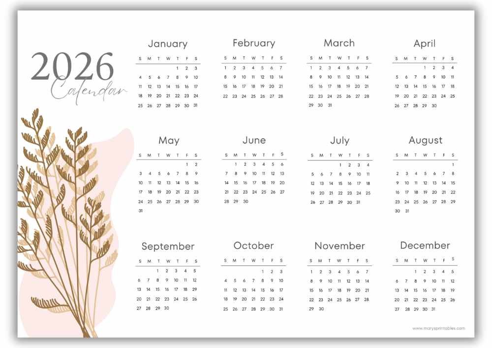 2026 minimalist wheat botanical landscape calendar with no holidays.