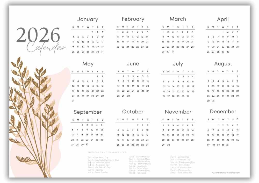 2026 minimalist wheat botanical landscape calendar with U.S. holidays.