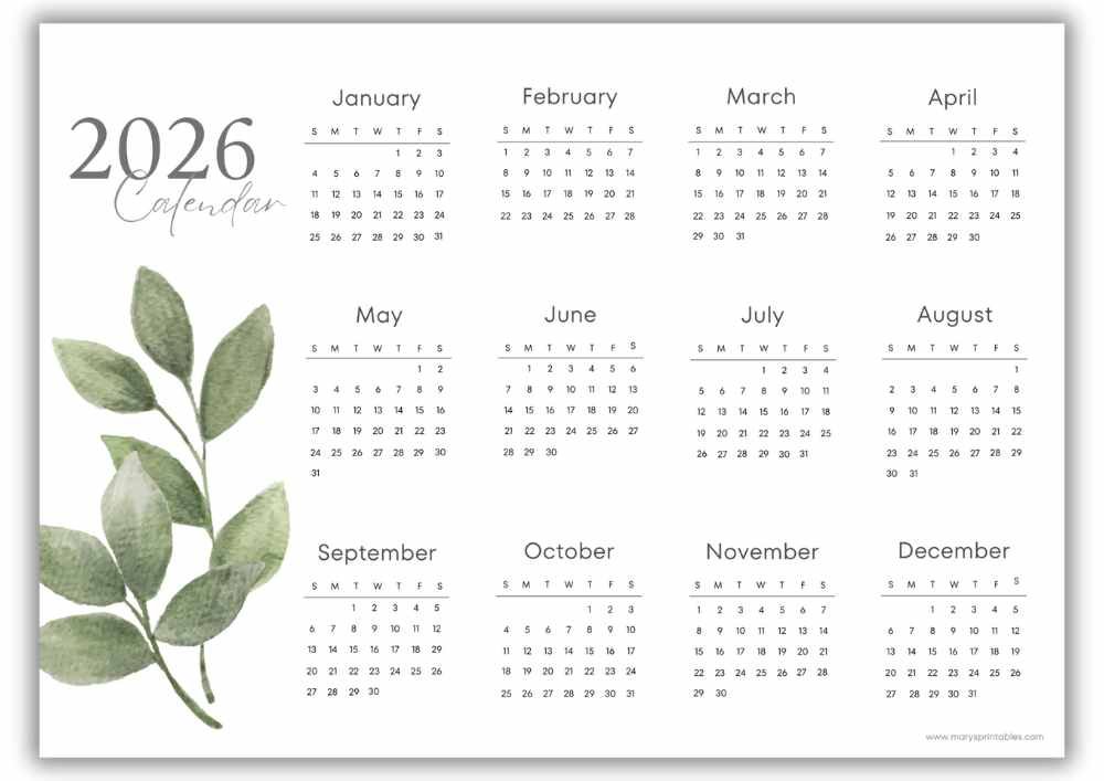 2026 watercolor green leaves landscape calendar with no holidays.