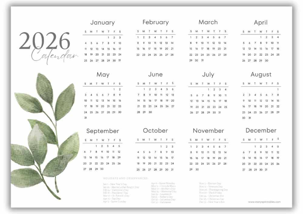 2026 watercolor green leaves landscape calendar with U.S. holidays.
