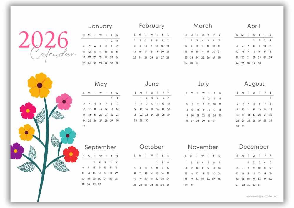 2026 landscape yearly calendar with colorful garden flowers and no holidays.