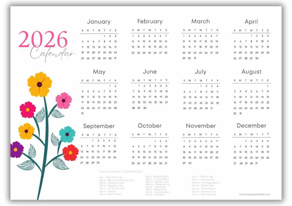 2026 landscape yearly calendar with colorful garden flowers and U.S. holidays.