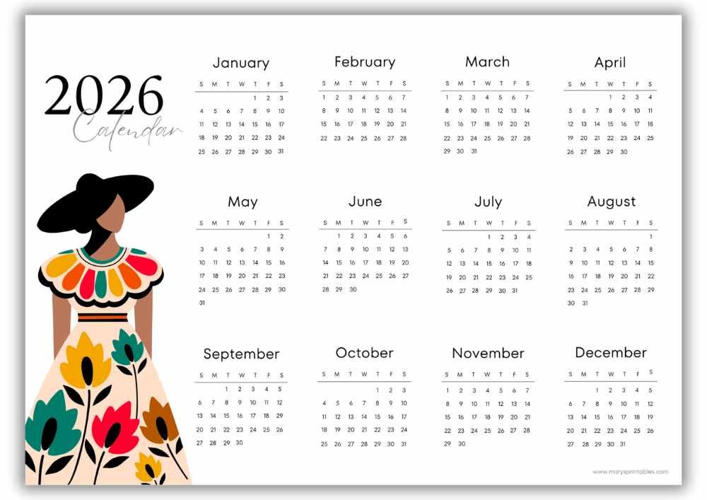2026 landscape calendar with a folk-art woman illustration and no holidays.