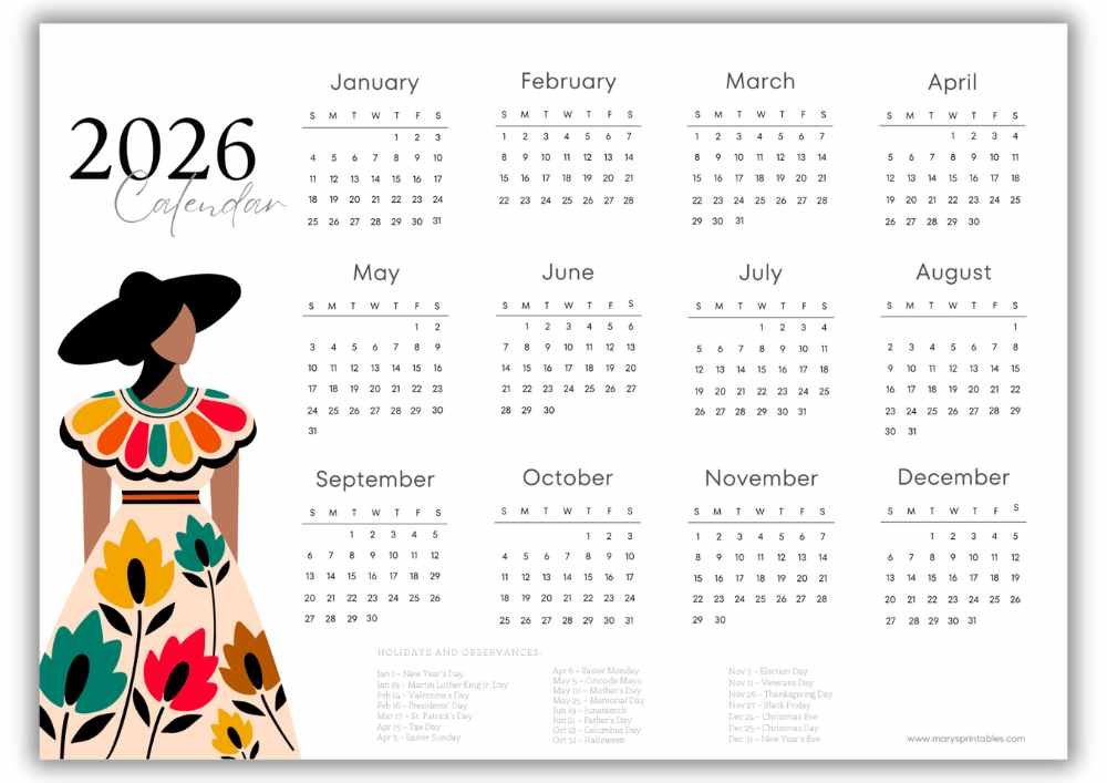 2026 landscape calendar with a folk-art woman illustration and U.S. holidays.