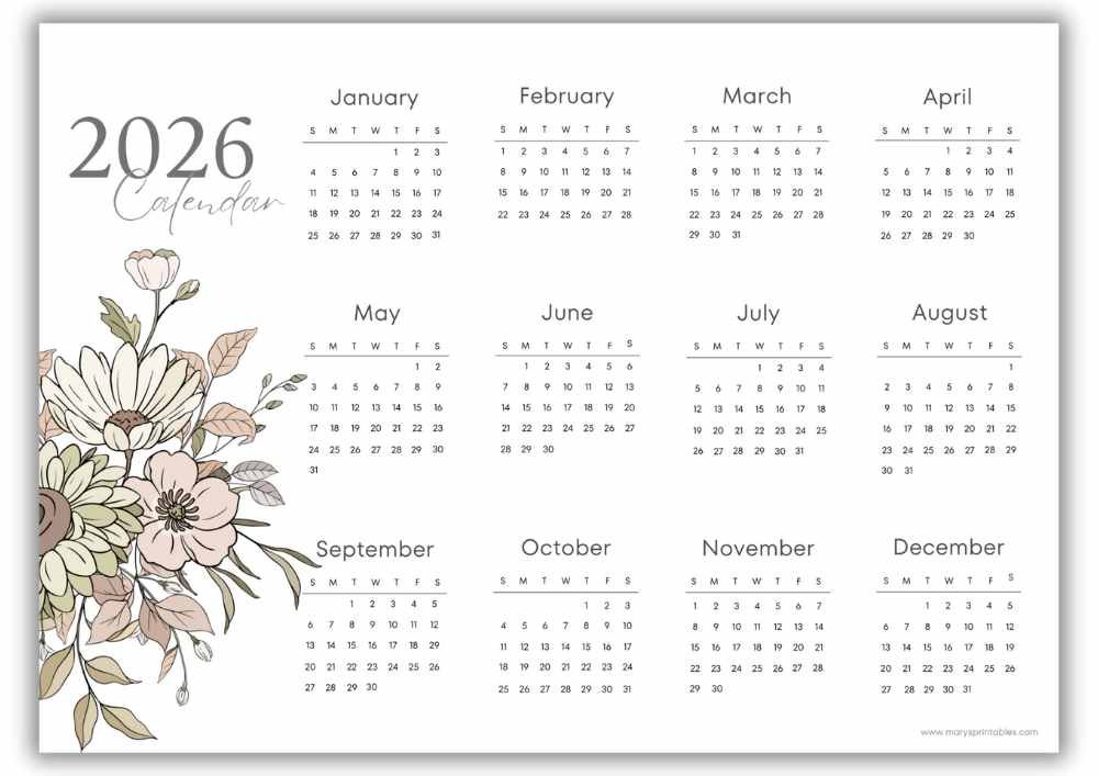 2026 watercolor blush floral branch landscape calendar without holidays.