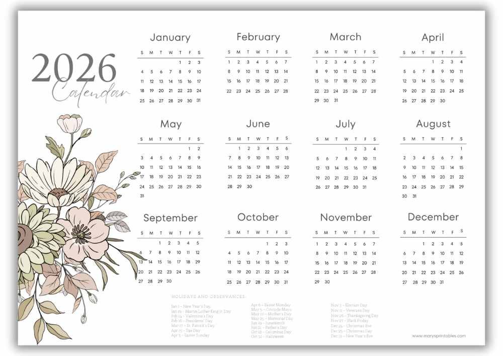 2026 watercolor blush floral branch landscape calendar with U.S. holidays.