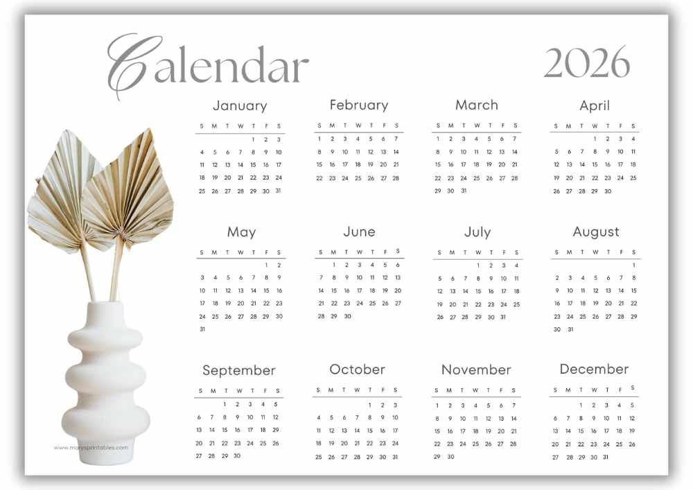 2026 landscape yearly calendar with minimal boho pampas leaves in a modern ceramic vase and no holidays.