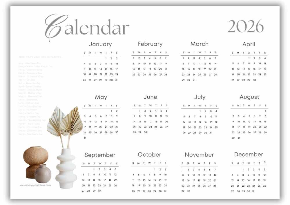 2026 landscape yearly calendar with minimal boho pampas leaves in a modern ceramic vase and U.S. holidays.