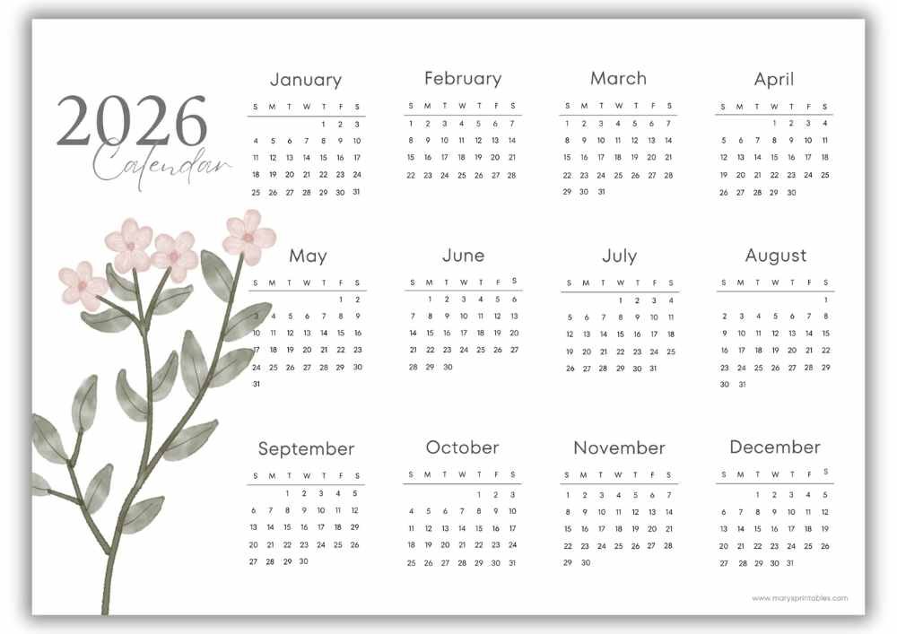 2026 landscape calendar with soft pink blossoms and sage green leaves and no holidays.