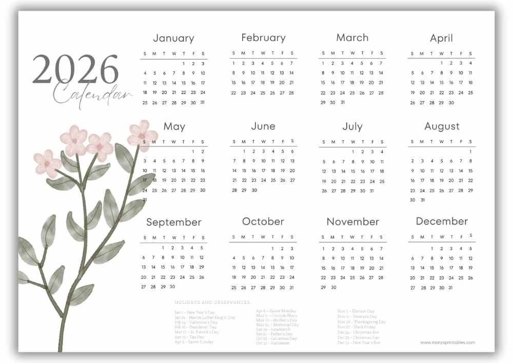 2026 landscape calendar with soft pink blossoms and sage green leaves and U.S. holidays.