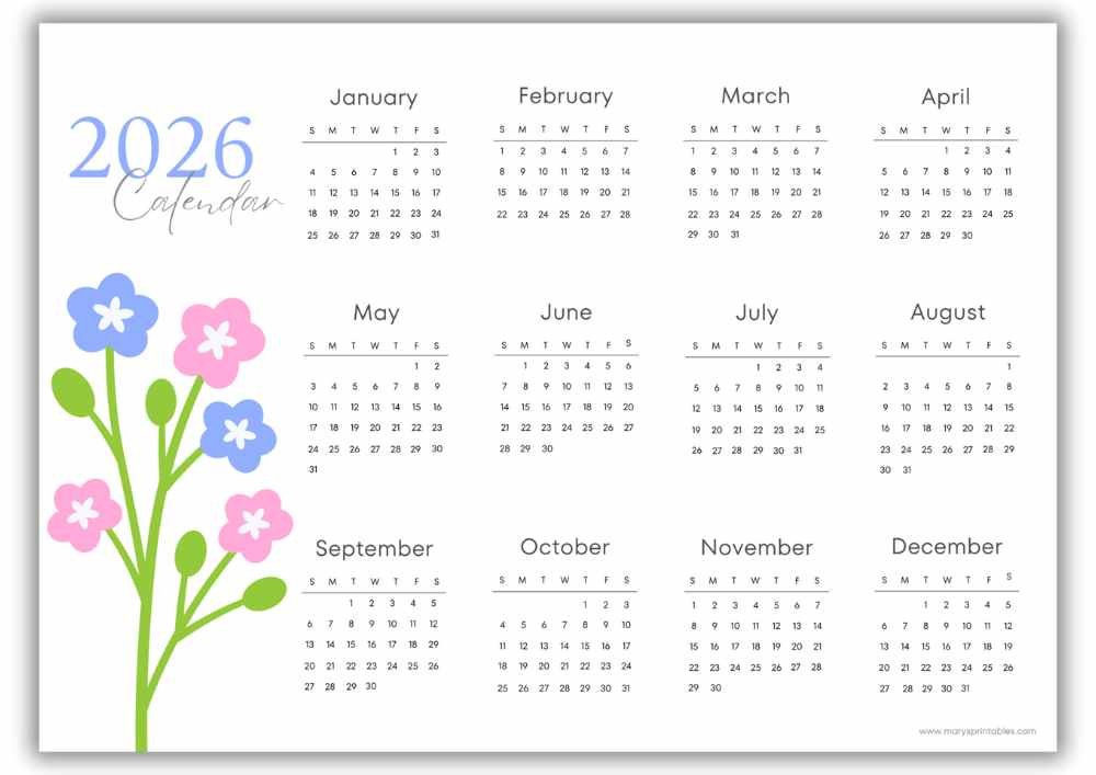 2026 landscape calendar with soft pink blossoms and sage green leaves and no holidays.