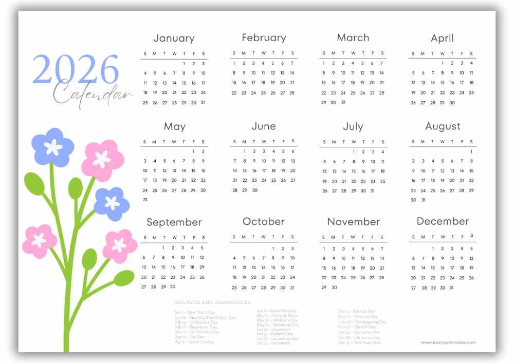 2026 landscape calendar with soft pink blossoms and sage green leaves and U.S. holidays.