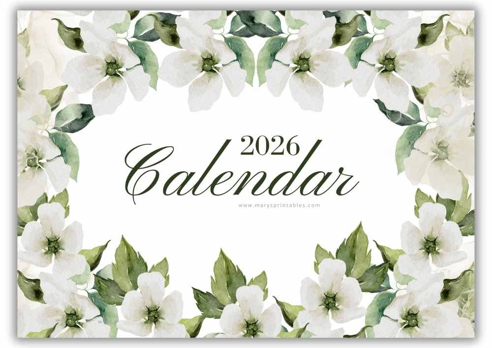 2026 monthly calendar cover with white floral design in a clean landscape layout